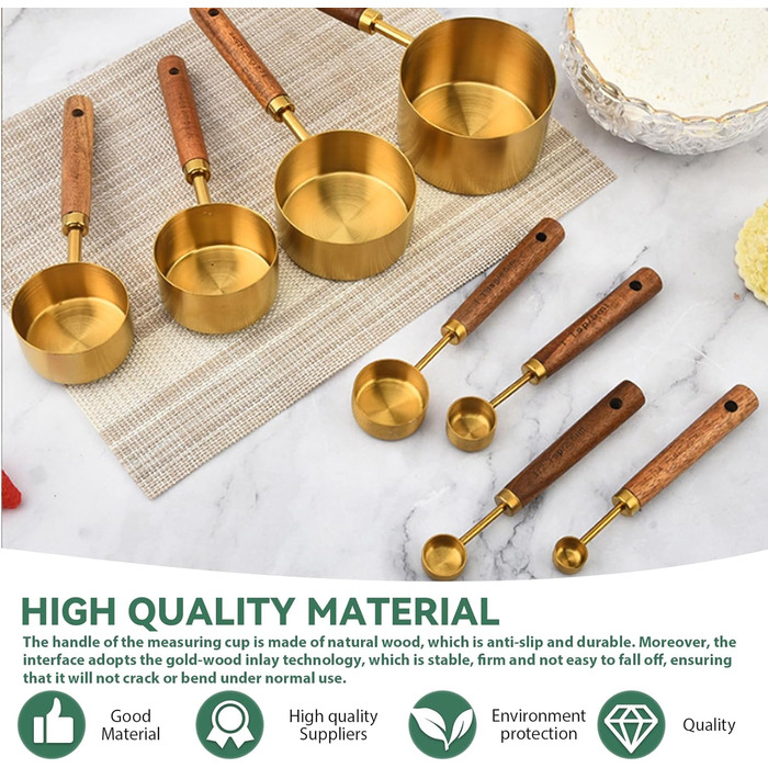 Набір мірних стаканів та ложок з нержавіючої сталі золотого кольору з дерев'яною ручкою, 8 шт. - для вимірювання сухих та рідких інгредієнтів (60мл - 250мл), для кухні та випічки