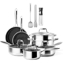 Набір посуду RIOVARM з індукційним дном (14 предметів): каструлі, сковороди, кришки, лопатка. Покриття з граніту, антипригарне, PFOA Free