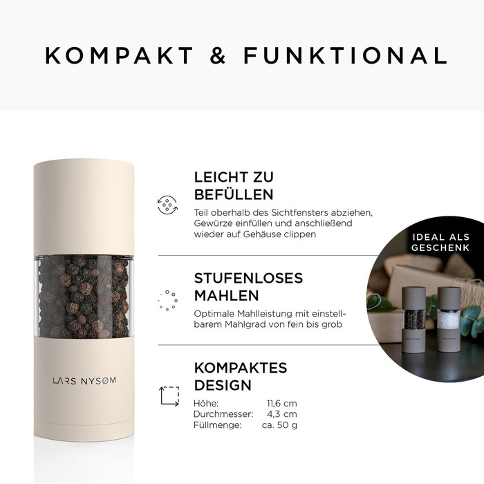 LARS NYSØM Salt and Pepper Mill Set made of Stainless Steel with Adjustable Ceramic Grinder, 2 Pieces | Manual Spice Mills with High-Quality Design (2 pcs) (Brown/Beige)