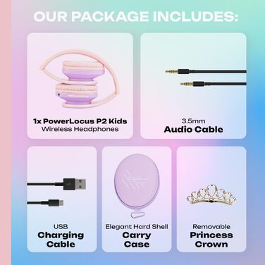 Дитячі навушники PowerLocus Bluetooth з обмеженням гучності 85dB, складні, з чохлом, Over-Ear, бездротові та провідні з мікрофоном, Micro-SD для телефону, ПК, планшета, зелені (Принцеса)