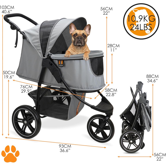 COOPER Складаний переносний візок для собак до 32 кг | Візок для тварин з регульованою висотою та кошиком для покупок | М'які ручки Soft Touch та світловідбиваючий дизайн | Ідеальний для транспортування домашніх тварин – Сірий