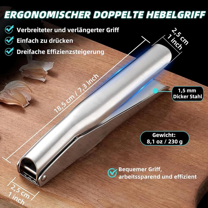 Прес для часнику та імбиру з нержавіючої сталі 18/8, велика чаша, не потребує очищення, стійкий до миття в посудомийній машині, гарантія 5 років