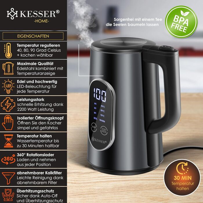 KESSER® Stainless Steel Kettle 1.7 Liter | LED Display | 4-Mode Temperature Setting 40°C-100°C | 30-Minute Keep Warm | Electric Tea Kettle 2200W BPA-Free | Scale Filter & Easy-Open Lid, (Black)