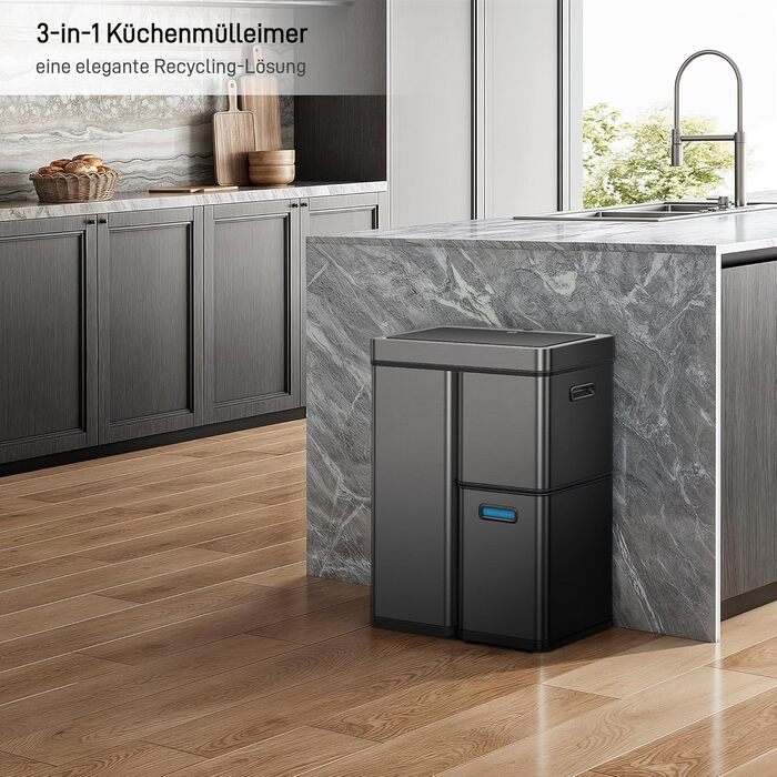 Сортувальний контейнер для сміття EKO Mirage Plus 60л (30л+15л+15л), нержавіюча сталь, сенсорний, 3 відділення, пластикові відра, автоматичний відро для кухні