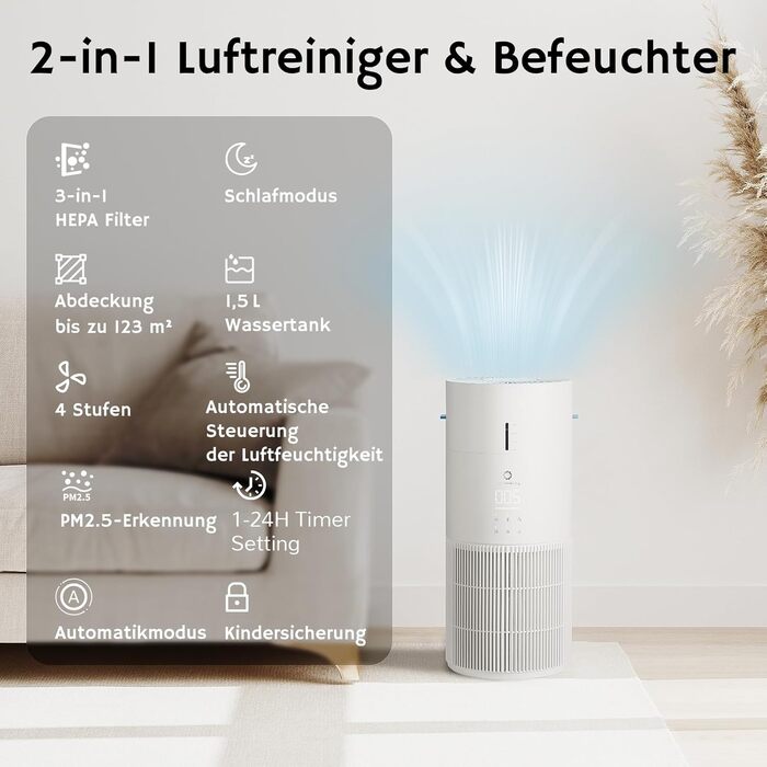 Повітряочищувач та зволожувач Airthereal AEH300: 2-в-1, до 125 м², 3-ступенева фільтрація, індикатор якості повітря, нічний режим, автоматичне зволоження