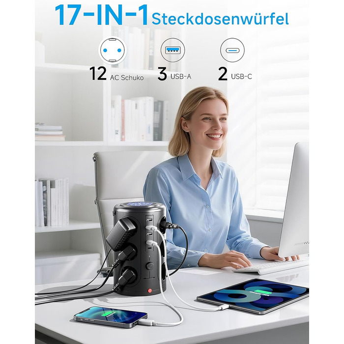 Багаторозеткова мережева панель Pluackg з 5 USB, 12 розеток, захистом від перенапруги, 2м кабелем, чорна