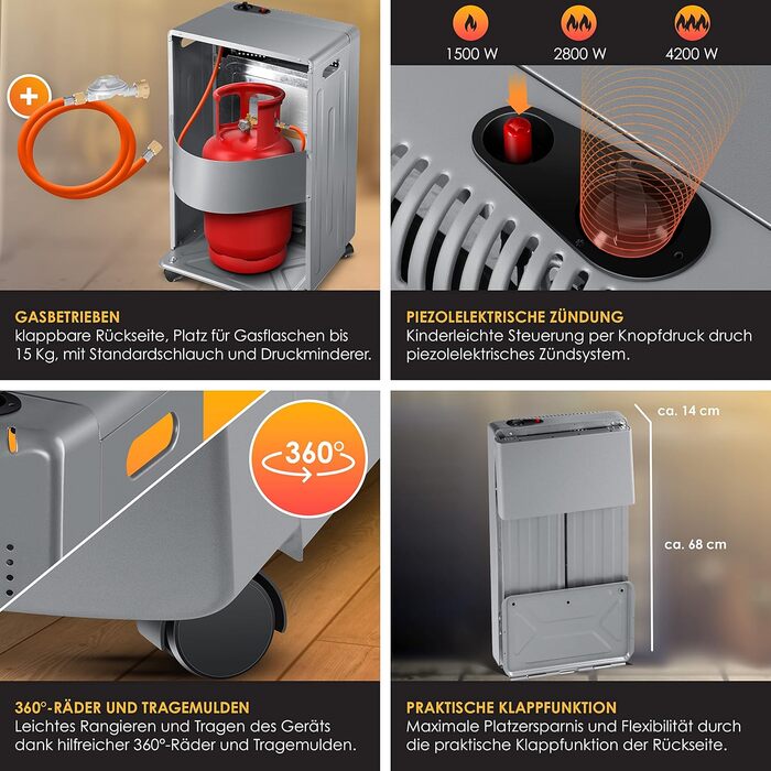 Газовий обігрівач KESSER® 4200W з керамічним пальником, регулятором тиску газу, шлангом та захисним чохлом. Підходить для балонів бутан/пропан до 15 кг.