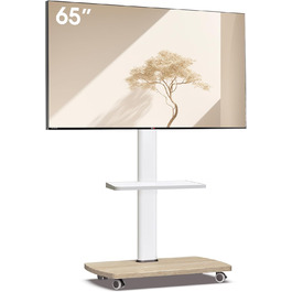 AOKCOS Rolling TV Stand with Wood Shelf - Adjustable Height & Swivel - Fits 32-65 Inch TVs - Up to 40kg, VESA 400x400mm