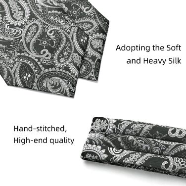 HISDERN Комплект краватка-снуд, краватка-аскот, хустинка для кишені чоловіча Paisley сіра/срібна для весілля та бізнесу