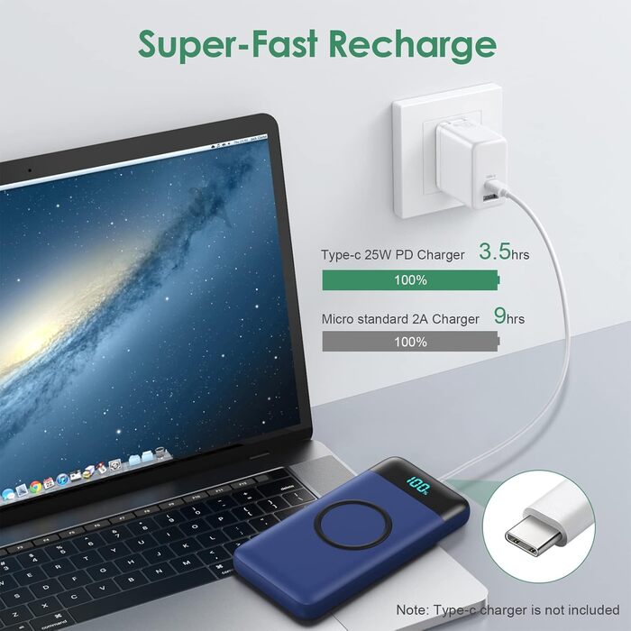 Бездротовий Power Bank 26800mAh 25W PD3.0 + QC4.0, зовнішній акумулятор з LCD-дисплеєм та швидкою зарядкою 15W, 4 USB-порти, для iPhone, Samsung, Huawei, Oppo — Синій
