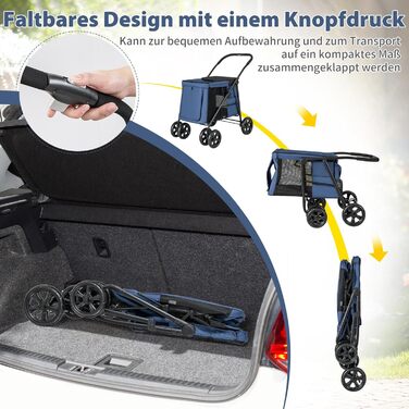 Візок для собак COSTWAY, складаний, до 40 кг, з подушкою, з сітковими віконцями, верхньою полицею, 2 дверцятами та бічними кишенями, блакитний