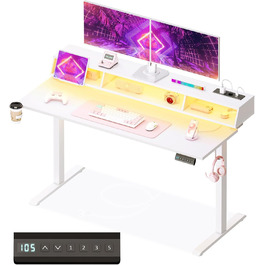 Офісний стіл для геймінгу OffiGo, 140 см, регульована висота, RGB LED, розетки, 3 полиці, тримач для напоїв та навушників, поверхня з карбону, білий