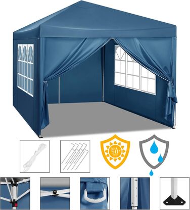 WOLTU Pop-Up Gazebo, Waterproof Folding Canopy, Sun Shade Event Tent with Side Walls, Garden Gazebo for Patio, Camping, Festival, Pagoda Tent, 3 x 3 m, Blue