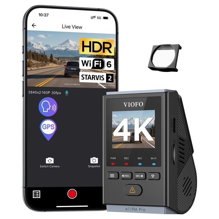 Автомобільний відеореєстратор VIOFO A119M Pro 4K HDR з Wi-Fi 6, GPS, нічною зйомкою, CPL-фільтром та режимом паркування