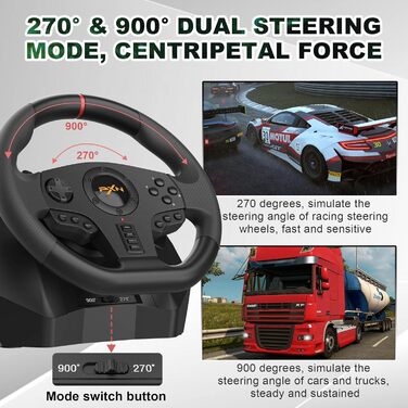 PXN V900 ігровий кермо для ПК з педалями, 270/900° кут повороту, вібрація, сумісність з PC, PS4, PS3, Xbox, Switch