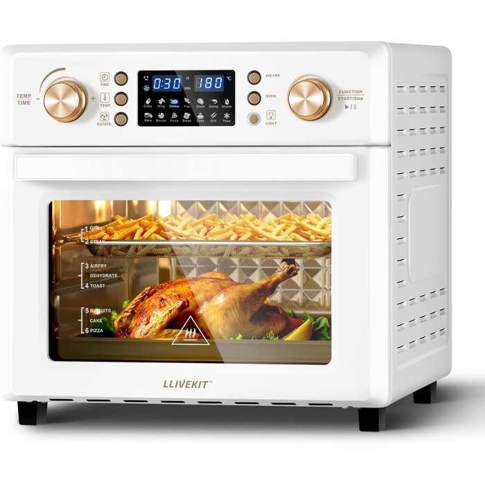 Аерофритюрниця LLIVEKIT 26 л, міні-піч з конвекцією, 14-в-1, 360° циркуляція повітря, швидке та здорове приготування з низьким вмістом жиру, енергозбереження 60%, 1700 Вт, кремова, 8 аксесуарів, книга рецептів
