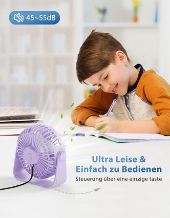 USB-настільний вентилятор TriPole: 3 швидкості, регульований, сильний потік повітря, 360° оберт, кабель 1,5 м, портативний міні-вентилятор (фіолетовий)