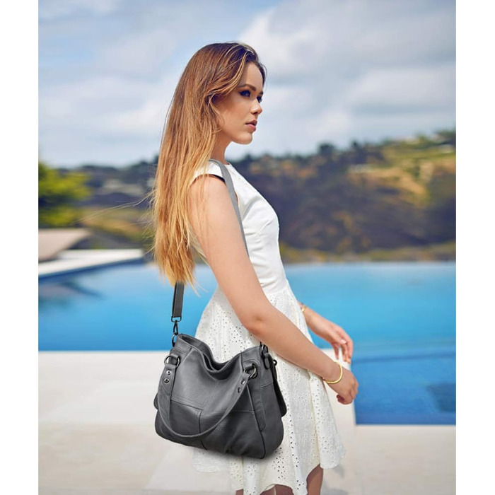 Жіноча сумка-хобо з натуральної шкіри сірого кольору | Grande by Damen