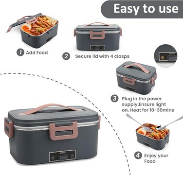 Electric Lunch Box 100W, 3-in-1 Portable Heated Lunch Box, 1.8L Stainless Steel Removable Food Container, 12V/24V/220V Insulated Food Warmer Box for Car/Truck/Office (Gray, 1.8 L)