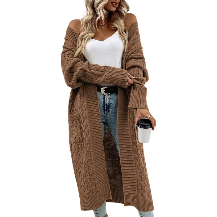 Жіночий в'язаний кардиган Saodimallsu Strickjacke: довгий, об'ємний, з кишенями, світло-зелений (колір: коричневий, розмір: S)