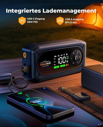 Powerbank для автомобіля YaberAuto AP02 з компресором, 150PSI, 4500A, для бензинових двигунів до 9.0L та дизельних до 8.0L, LED ліхтар 500 Lumen (4 режими), LCD дисплей 3.3