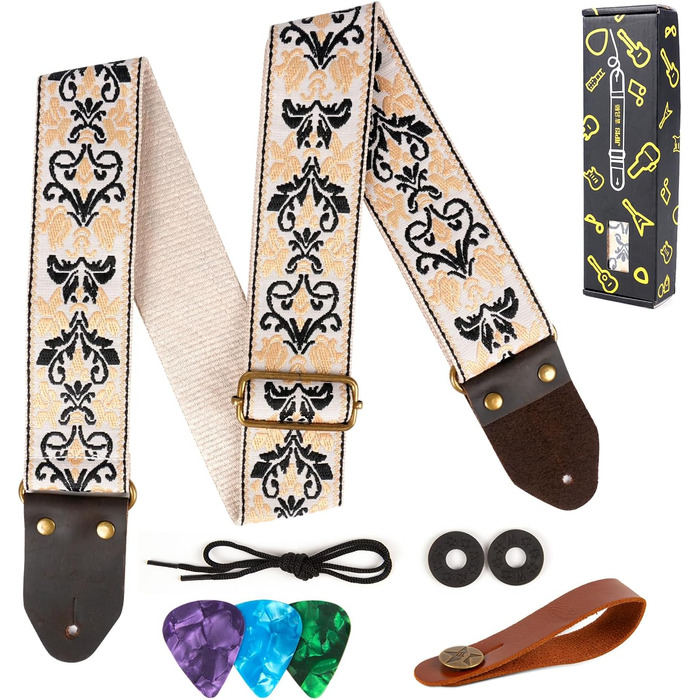 Гітарний ремінь Jacquard з вишитою бавовною та шкіряними кінцями для акустичної гітари (Gs-75-9 Yellow Jacquard)