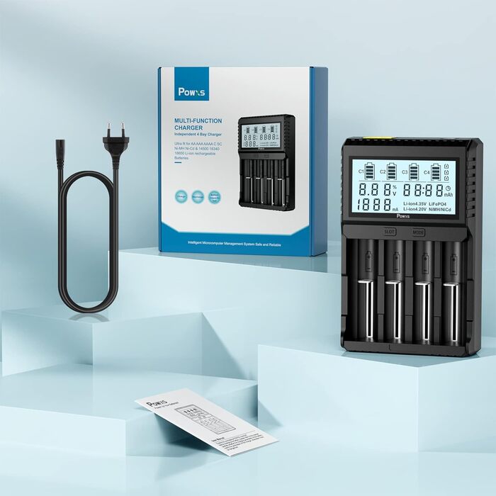 Зарядний пристрій POWXS для акумуляторів 18650 з тестуванням, LCD-дисплеєм, 4 слоти, Li-Ion, IMR, NI-MH, NI-Cd, AA, AAA, C, 26650, 21700, 16340, 14500, 10440, RCR123