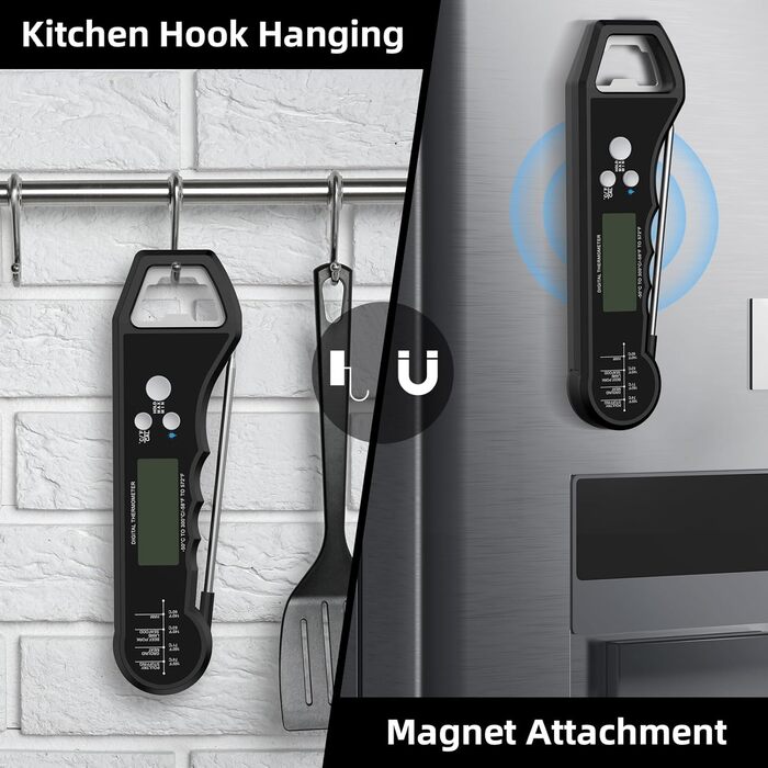 Цифровий термометр для м'яса: водонепроникний кухонний термометр з підсвічуванням, калібруванням та цифровою сондами для приготування їжі, гриля та барбекю (чорний)