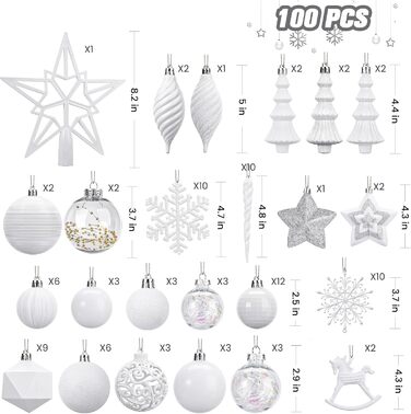 Набір з 100 штучних ялинкових прикрас Shareconn: міцні кульки з гачками, різні розміри та дизайни, для внутрішнього та зовнішнього декору