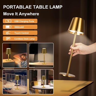 Світлодіодна настільна лампа бездротова з сенсорним керуванням, USB-C, димування, акумуляторна, 3 режими світла, регульована висота, IP54 водонепроникна, золота. Для ресторану, спальні, бару, вулиці