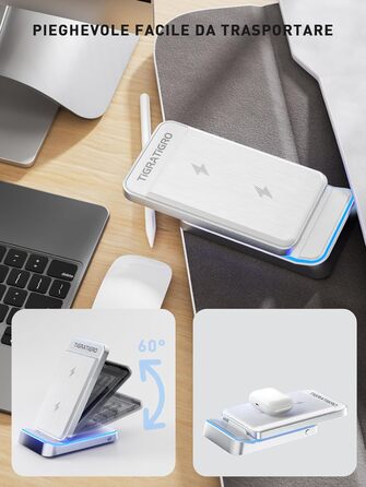 Бездротовий зарядний пристрій TigraTigro 15W Qi, складний, швидка зарядка для iPhone 16/15/14/13/12, Samsung Galaxy, Google Pixel, тримач для навушників, компактний (Срібний) DH18-White