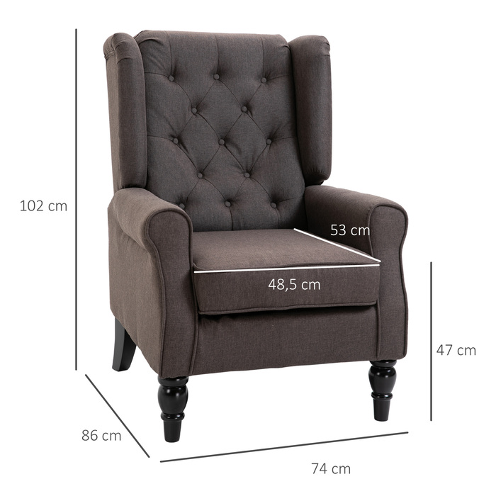 HOMCOM Single Armchair Recliner with Tufting, Wooden Feet, Brown, 76x86x108 cm, Comfortable Single Chair for Living Room & Reading Nook