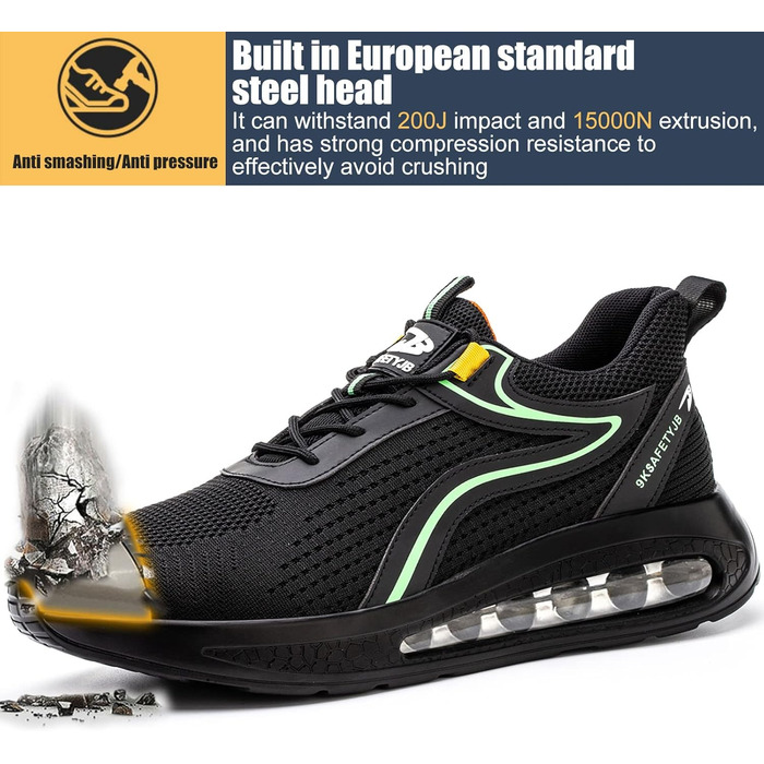 Черевики робочі чоловічі та жіночі S3, легкі, з металевим носком, антиковзаючі, дихаючі, спортивні, чорно-зелені (39 EU)