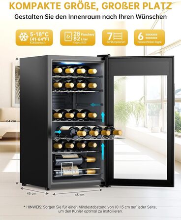WIE 33 Liter Wine Fridge - 1 Zone Mini Wine Cooler with Glass Door & LED Touch Panel - Anti-UV Wine Storage for 28 Bottles