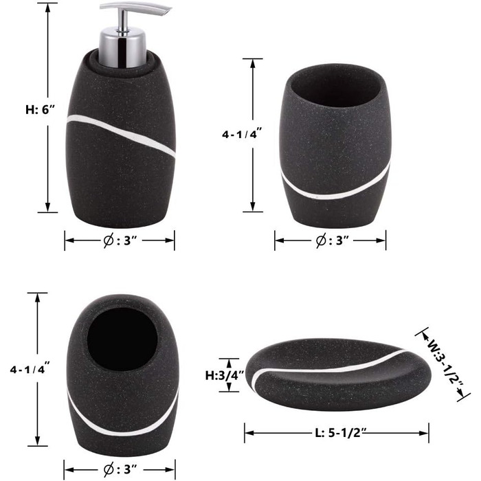 ZCCZ Bathroom Set – 4-Piece Organizer Set with Toothbrush Holder, Soap Dispenser, Cosmetic Dish, and Cotton Swabs – Elegant Stone-Look Decor, Black for Modern Bathroom