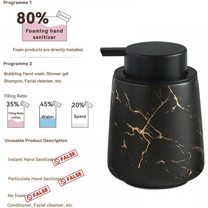 Дозатор мила для кухні XUDREZ, керамічний, 380 мл, наповнюваний, чорний мармуровий візерунок