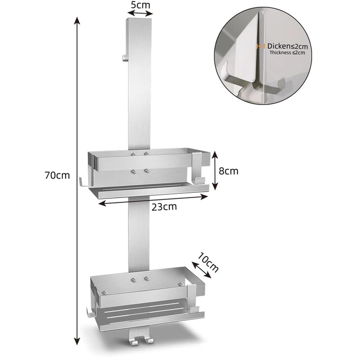 Полка для душу Melko з нержавіючої сталі без свердління, дзеркальний захист, кріплення для шампуню з гачками, підходить для душової кабіни з безрамковою скляною дверцями, антикорозійна, тримач для бритви та рушників