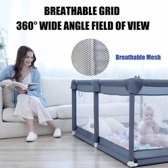 VTERLY Baby Playpen, 150 x 180 x 68cm Playard/Safety Gate with Storage Bag, Breathable Mesh, Anti-Collision Foam Playpen, Baby Playpen, Playard for Kids - Grey 150*180cm
