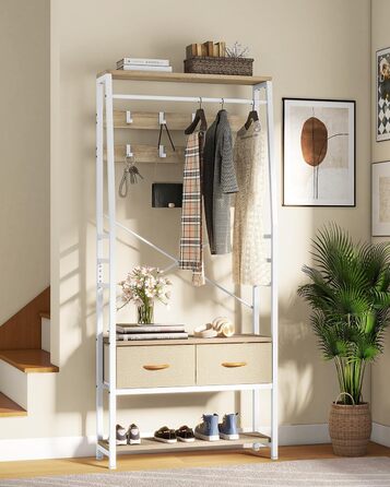 YITAHOME Entryway Bench with Shoe Cabinet, Freestanding Coat Rack with Bench and 2 Folding Drawers, Industrial Coat Rack with 8 Hooks for Entryway, Living Room, Bedroom, Metal Frame, Rustic Brown (Beige)