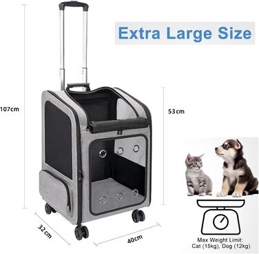 Транспортна переноска для собак та котів великого розміру з колесами, сірого кольору. Рюкзак-переноска для собак до 15 кг з прозорим вікном.
