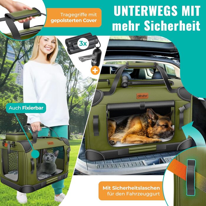 Транспортна переноска для собак та котів (XXL, Хакі) | З підлітком для їжі та плечовим ременем | Складна переноска для тварин