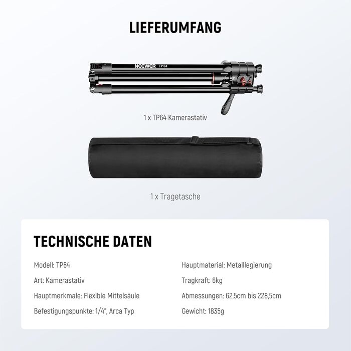 Штатив для камери NEEWER з моноподом, 72 дюйми, алюміній, міцна конструкція для DSLR, екшн-камер, відеокамер, кульковий голковий вушко 360°, платформа Arca-Swiss, максимальне навантаження 15 кг, серветка для очищення