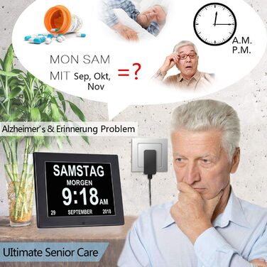 8-Inch Digital Alarm Clock, Digital Calendar Day Clock, Alarm Clock Multiple Modes with Reminder Function for Seniors, Dementia e.g. Alzheimer Patients, Large Font Electronic Calendar Day Clock - Black