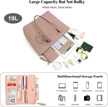 Сумка жіноча TANTOMI з гаманцем, велика, для офісу, школи, шопінгу, рожева з китицею та помпоном з штучного хутра