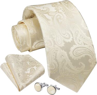 Краватка та нагрудна хустинка Enlision для весілля: шовковий комплект Paisley з латунними застібками для манжетів, бежевий/шампань