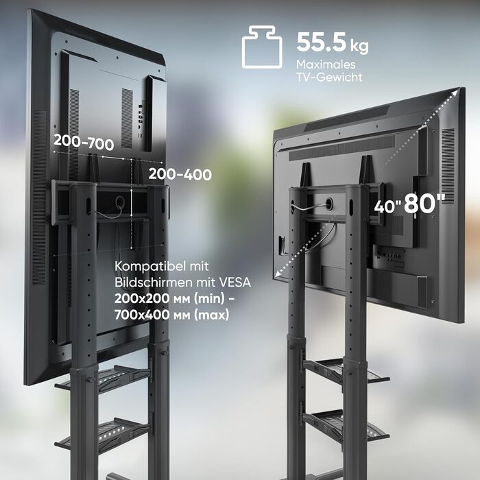 ONKRON Mobile TV Stand for 40-80 inch TVs - Adjustable Height, Aluminum, VESA 700x400, Black - TS2771-B