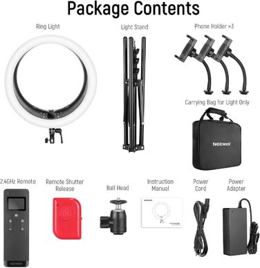 NEEWER Ringlicht RP19H 19 дюймів з підставкою та 3 тримачами для телефону, 2.4G керування, плавне регулювання яскравості, LCD та сенсорне керування, 42W CRI 97+ 2540 Lux, для стрімінгу, дому, офісу, Zoom, освітлення, з пультом ДУ (кільцеве світло з кульов