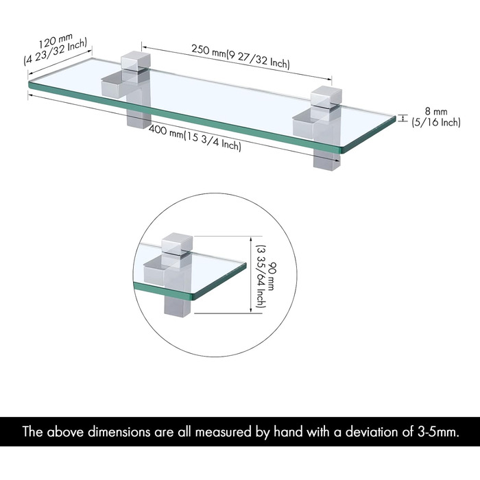 KES Shower Shelf for Hanging, Bathroom Shelf, Wall Shelf, Shower Glass Shelf, 8mm Shower Shelf, Bathroom Shelf, Tempered Glass with Shelf Supports, 60cm Brushed Nickel, BGS3201S60-2 (40 CM, Polished Chrome)