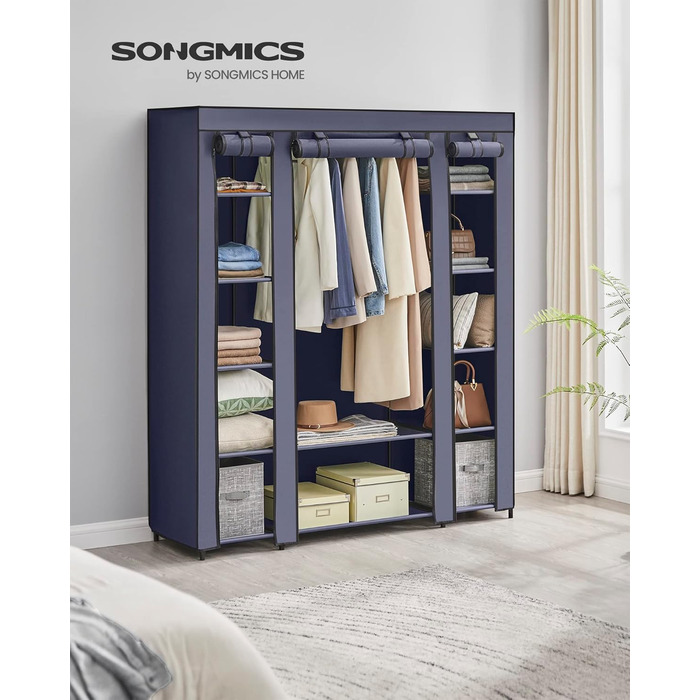 SONGMICS Clothes Closet, Fabric Closet, with Clothes Rod and Shelves, Fabric Cover, for Bedroom, Dressing Room, 150 x 45 x 175 cm, LSF03H (Navy Blue)