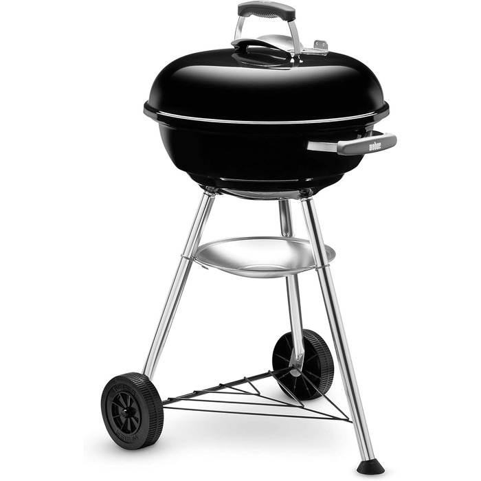 Вугільний гриль Weber Compact Kettle 47 см, порцелянове покриття, на тринозі з колесами, хромована решітка, чорний